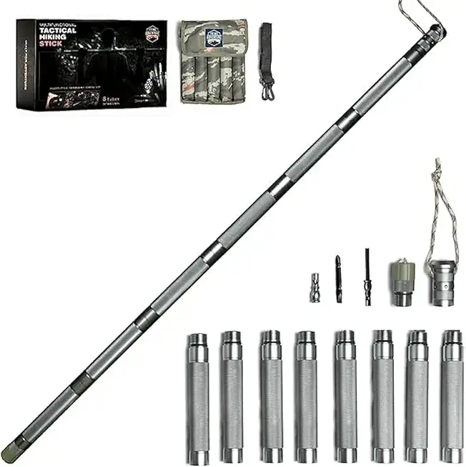 Hiking Tactical Stick Walking Staff - Outdoor Multitool Gear Trekking Pole Collapsible Retractable Premium 15 in 1